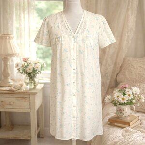Vintage Coffee Time Floral Nightgown Duster Set Size M Cotton Cottagecore Sleep